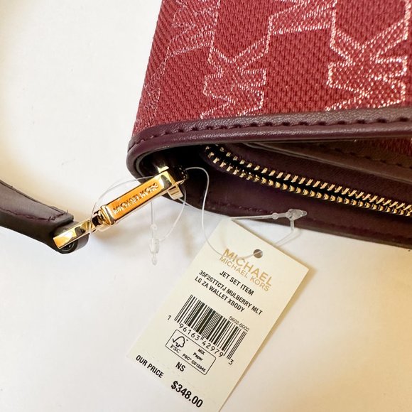 Michael Kors Jet Set Zip Around Wallet Crossbody Bag MK Glitter Gold Mulberry - Picture 15 of 15